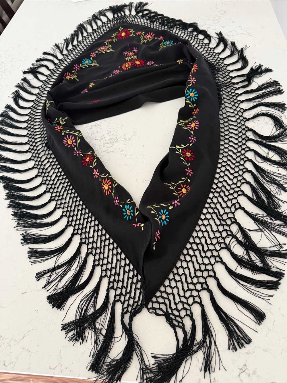 Echo 100% Silk Trianular Scarf Shawy Black with Embroidered multicolored floral
